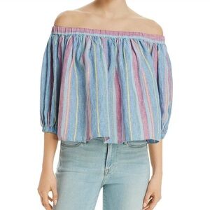 FRAME Womens Off-The-Shoulder Striped Linen Crop Blue Pink Boho Top size XS